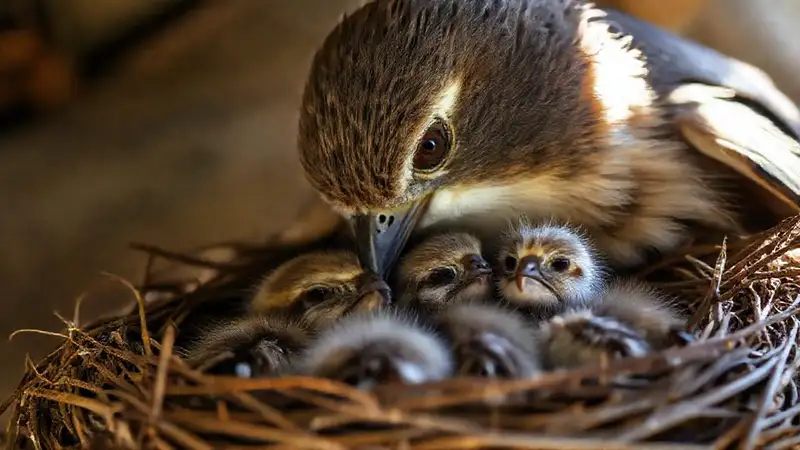 Muttervogelnest mit Küken in sanftem Licht