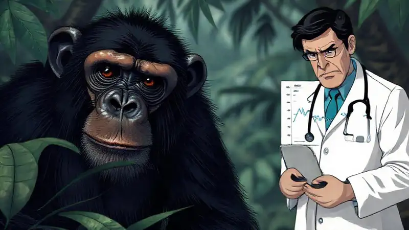 Ein besorgter Arzt betrachtet Affenillustrationen