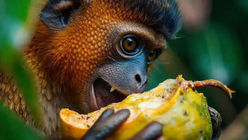 Hier ist die Antwort:Detailierter Affe isst Obst im Dschungel