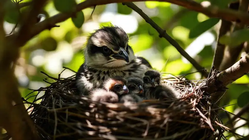 Ein Vogelnest, ruhig im Waldlicht