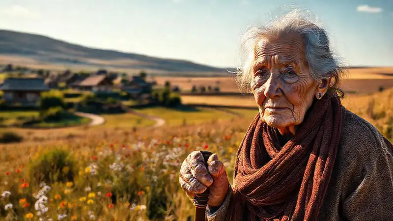 Eine alte Frau geht durch Kornfeld